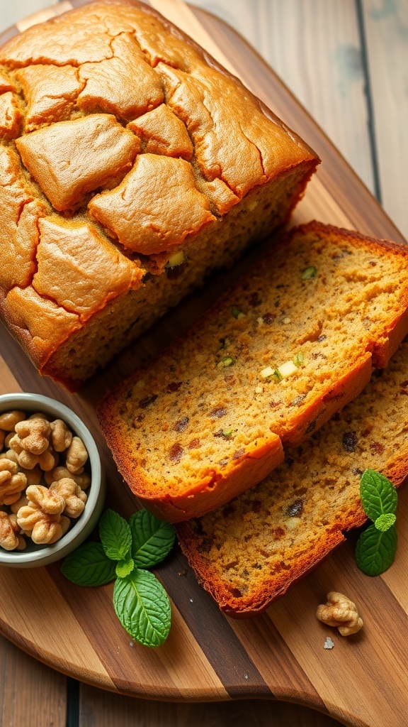 Delicious Homemade Zucchini Bread Recipe A loaf of homemade zucchini bread on a cutting board, sliced to show the moist texture with green zucchini pieces.
